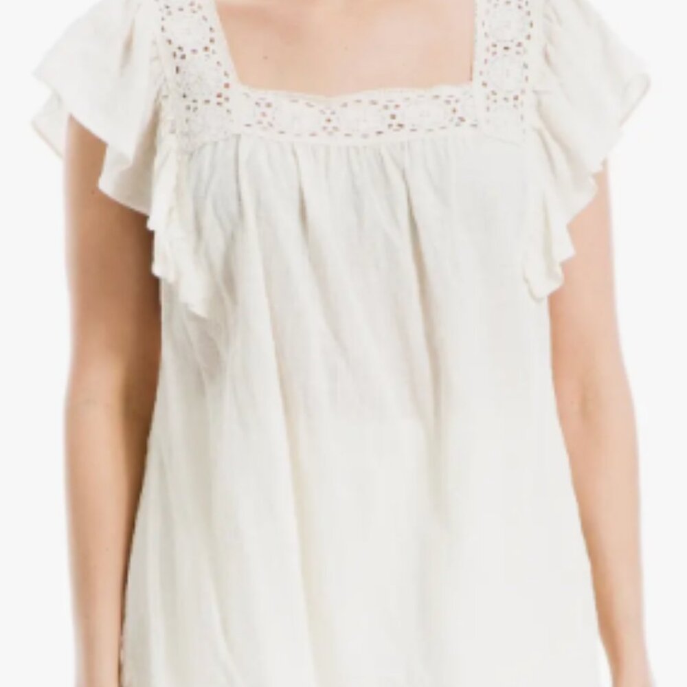 Max Studio Flutter Sleeve Square Neck Eyelet Blouse  – Antique White – XS/S